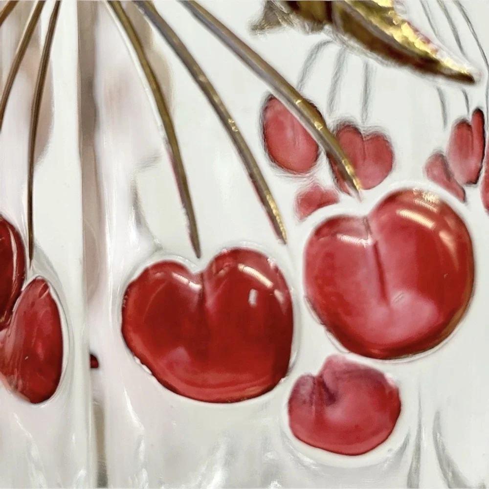 MOSSER Red & Gold Cherry Thumbprint Glass Celery Vase Double Handle 5.5